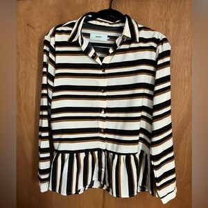 Moves black, cream and cognac striped long sleeve, peplum button down blouse (M)